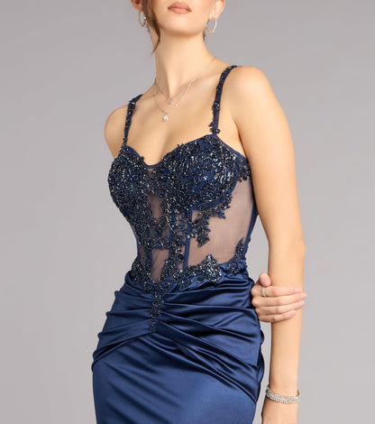 Elegant Satin Mermaid Sweetheart Spaghetti Strap Beaded Navy Evening Gown