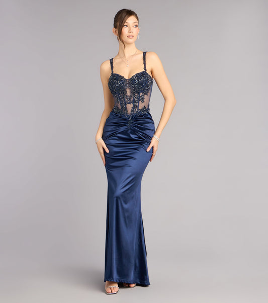 Satin Mermaid Sweetheart Beaded Corset Spaghetti Strap Open Back Floor Length Evening Dress
