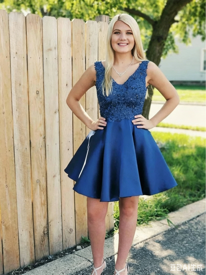 Navy Satin V-neck Lace Beaded Appliqué Low Open Back A-line Mini Homecoming Dresses