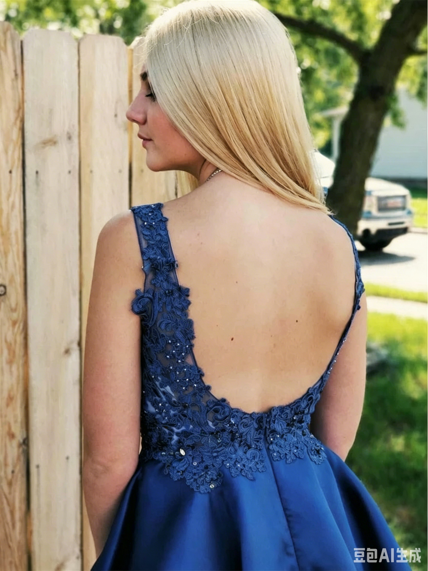 Navy Satin V-neck Lace Beaded Appliqué Low Open Back A-line Mini Homecoming Dresses