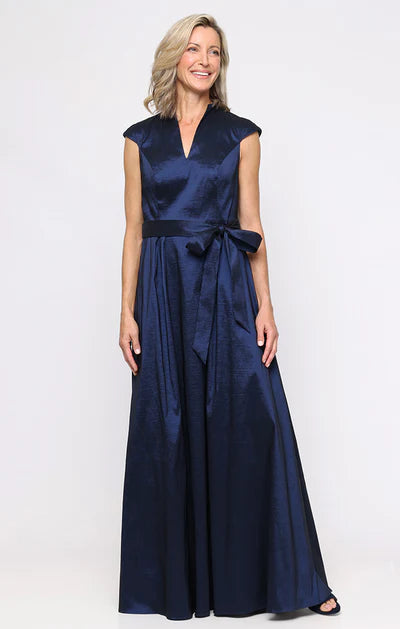 Navy Taffeta Cap Sleeve Notch V-Neck Waist Bow Sash Pleated Pocket A-Line Floor Length Mother of the Bride Dresses