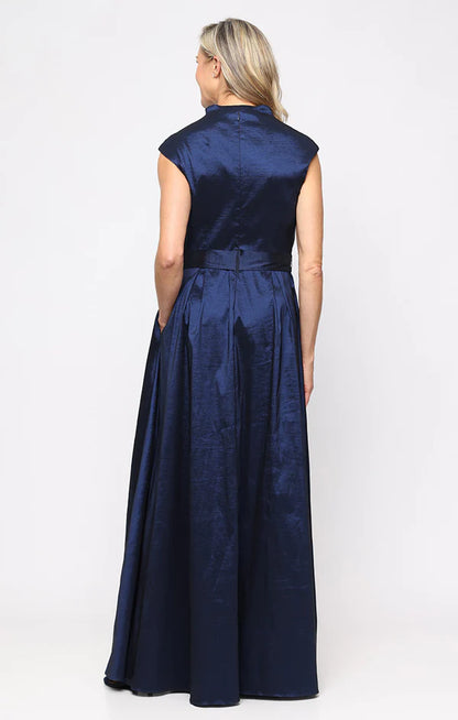 Navy Taffeta Cap Sleeve Notch V-Neck Waist Bow Sash Pleated Pocket A-Line Floor Length Mother of the Bride Dresses