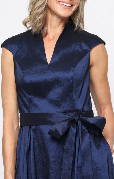 Navy Taffeta Cap Sleeve Notch V-Neck Waist Bow Sash Pleated Pocket A-Line Floor Length Mother of the Bride Dresses