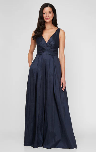 Navy Taffeta Sleeveless Deep V-Neck Ruched Waist Pleated A-Line Pocket Floor Length Mother of the Bride Dresses