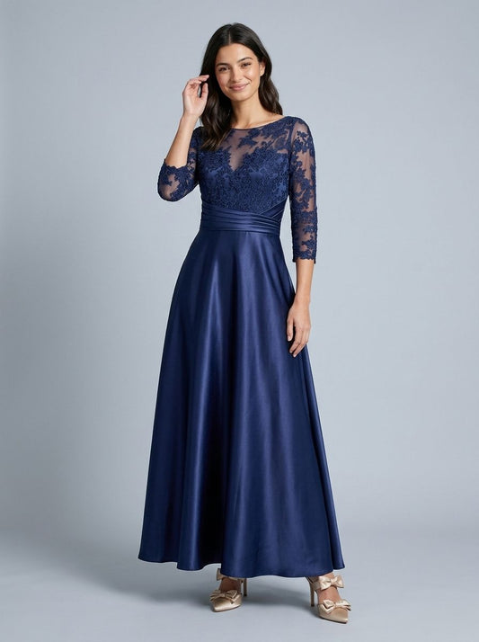 Navy A-line Boat Neck 3/4 Sleeve Lace Bodice Pleated Waist Satin Floor Length Mother of the Bride Dress