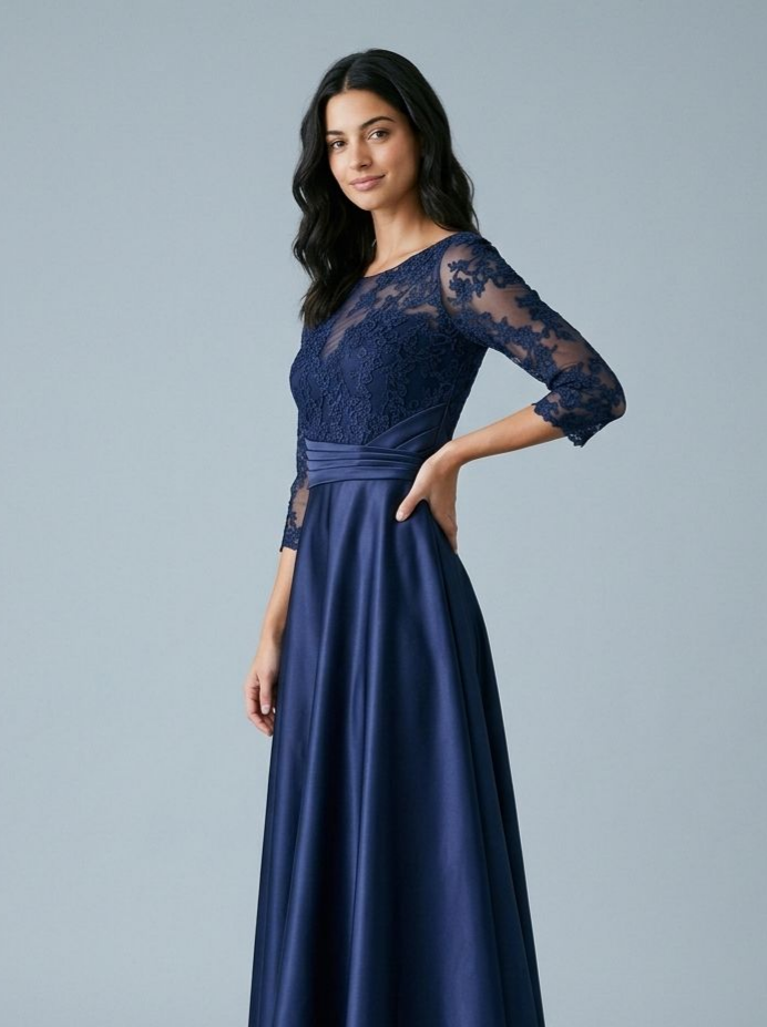 Navy A-line Boat Neck 3/4 Sleeve Lace Bodice Pleated Waist Satin Floor Length Mother of the Bride Dress