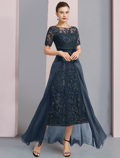 Navy A-line Round Neck Short Sleeve Sequin Lace Midi Mother of the Bride Dress