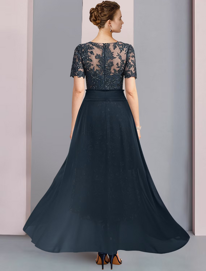 Navy A-line Round Neck Short Sleeve Sequin Lace Midi Mother of the Bride Dress