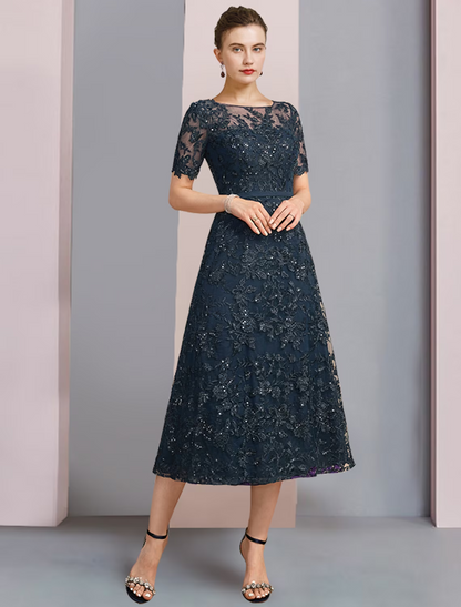 Navy A-line Round Neck Short Sleeve Sequin Lace Midi Mother of the Bride Dress
