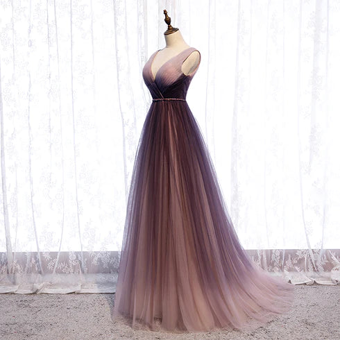 Unique/beautiful purple gradient V-neck sheer long ball dress, purple gradient sleeveless backless long evening dress