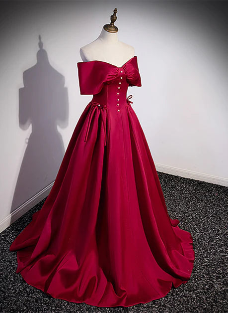 Beautiful/gorgeous wine red satin sweetheart long evening dress, wine red satin short sleeved backless pearl long evening dress