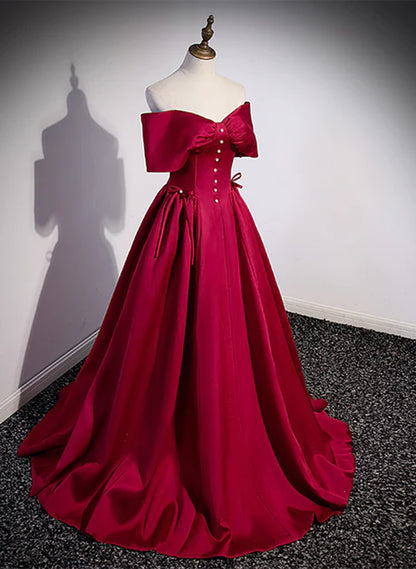 Beautiful/gorgeous wine red satin sweetheart long evening dress, wine red satin short sleeved backless pearl long evening dress