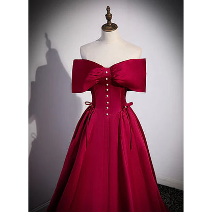 Beautiful/gorgeous wine red satin sweetheart long evening dress, wine red satin short sleeved backless pearl long evening dress