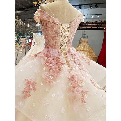 Beautiful Pink Tulle with Flowers and Beaded Long Party Dress, Pink Sweet Gown
