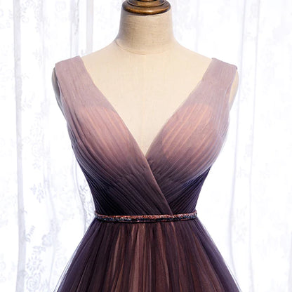 Unique/beautiful purple gradient V-neck sheer long ball dress, purple gradient sleeveless backless long evening dress