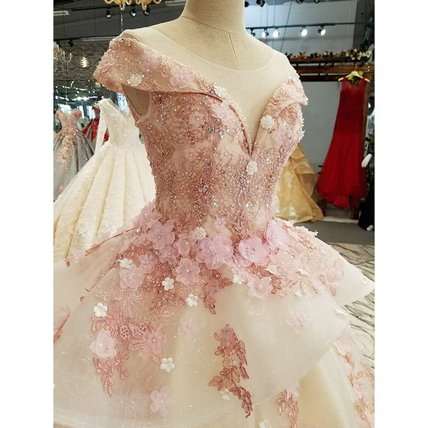 Beautiful Pink Tulle with Flowers and Beaded Long Party Dress, Pink Sweet Gown