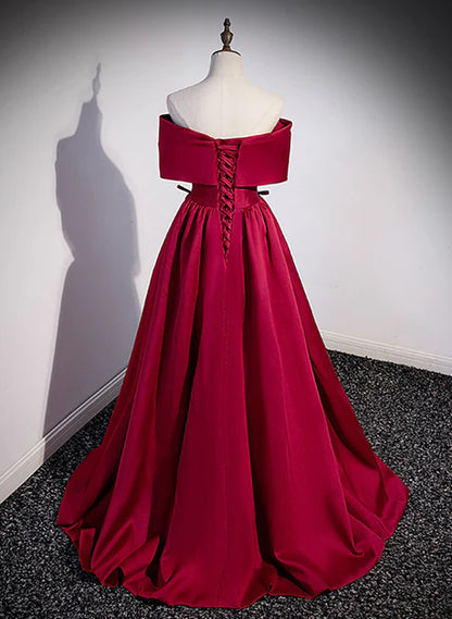 Beautiful/gorgeous wine red satin sweetheart long evening dress, wine red satin short sleeved backless pearl long evening dress
