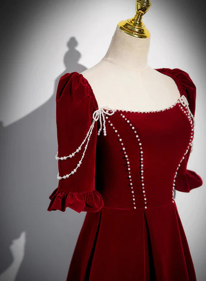 Elegant wine red velvet long ball dress, wine red A-line collar short sleeved backless and floor length evening dress