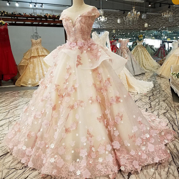 Beautiful Pink Tulle with Flowers and Beaded Long Party Dress, Pink Sweet Gown