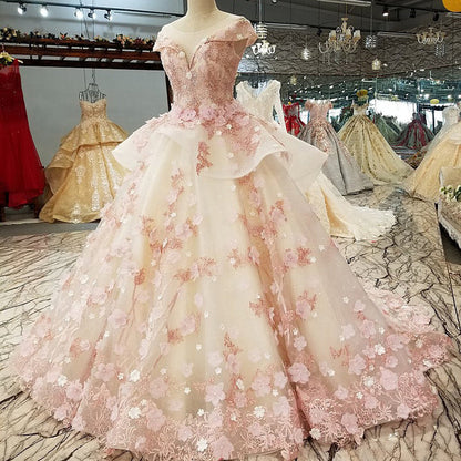 Beautiful Pink Tulle with Flowers and Beaded Long Party Dress, Pink Sweet Gown