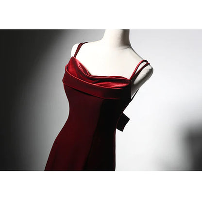 Beautiful wine red velvet mermaid wedding party dress, wine red bow shoulder strap backless and floor length evening dress