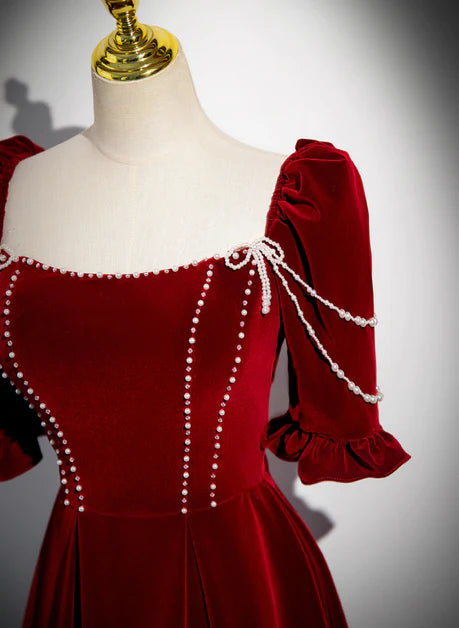 Elegant wine red velvet long ball dress, wine red A-line collar short sleeved backless and floor length evening dress