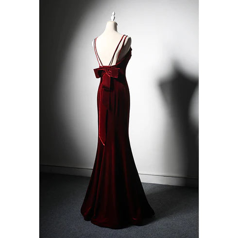 Beautiful wine red velvet mermaid wedding party dress, wine red bow shoulder strap backless and floor length evening dress