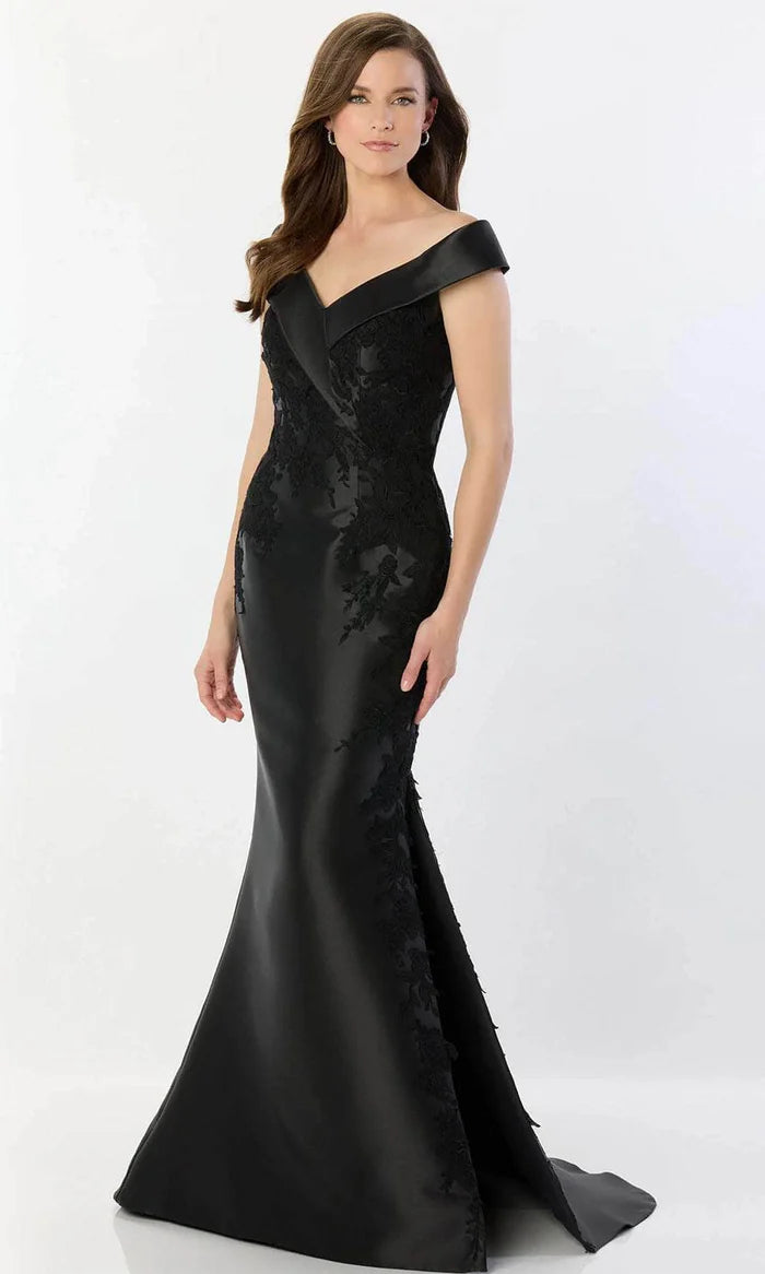 Sophisticated Navy Satin Lace Mermaid Off-Shoulder Floor Length Mother of the Bride Dress