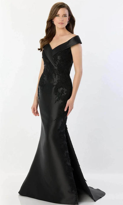 Sophisticated Navy Satin Lace Mermaid Off-Shoulder Floor Length Mother of the Bride Dress