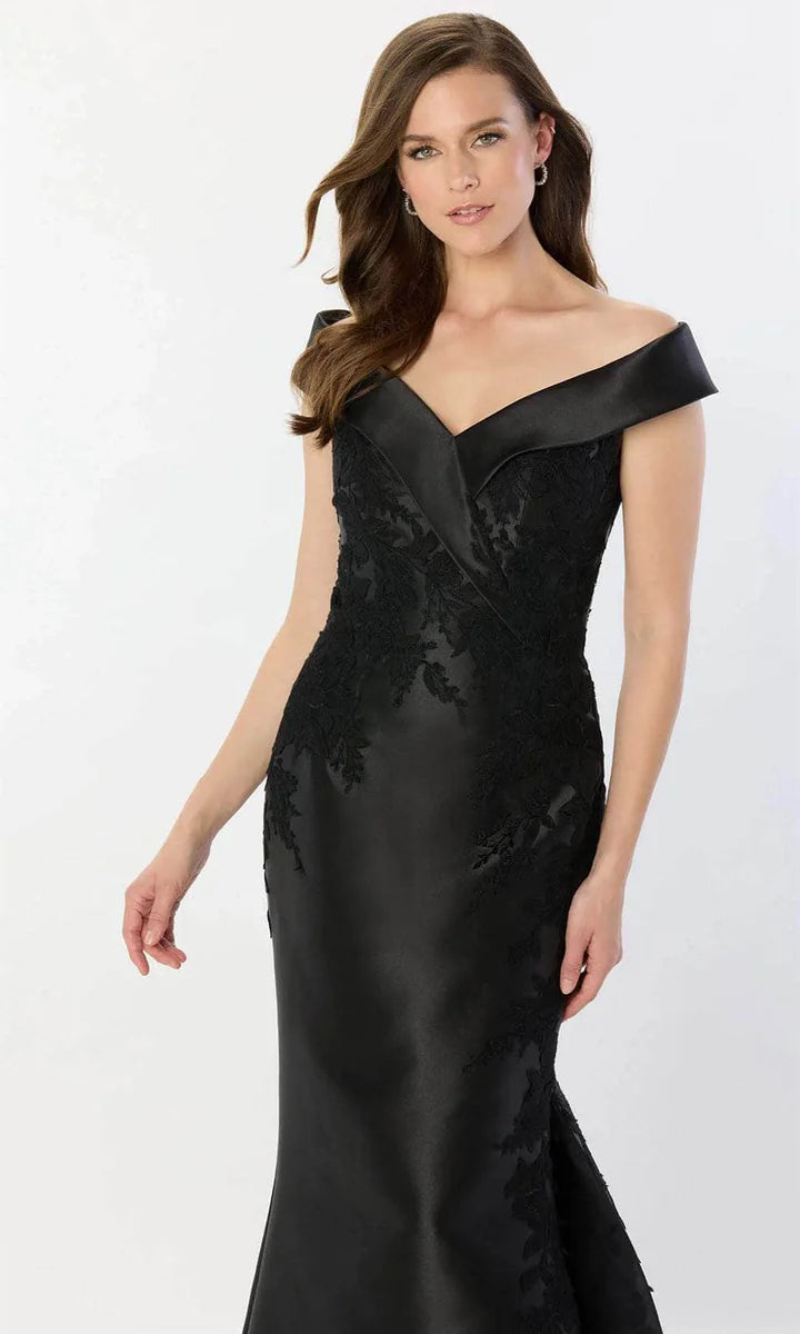 Sophisticated Navy Satin Lace Mermaid Off-Shoulder Floor Length Mother of the Bride Dress