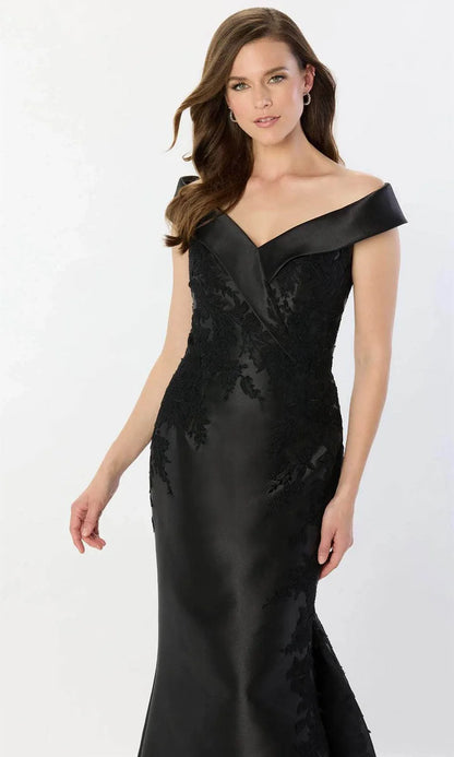 Sophisticated Navy Satin Lace Mermaid Off-Shoulder Floor Length Mother of the Bride Dress