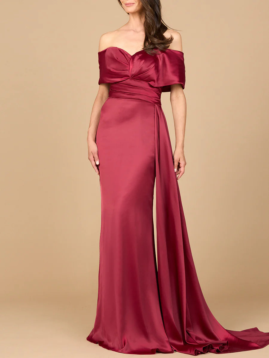 Off-The-Shoulder Fold Sleeve Ruched Waist Side Drape Train Mermaid Satin Mother of Bride Dress