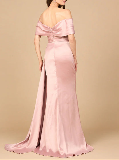 Off-The-Shoulder Fold Sleeve Ruched Waist Side Drape Train Mermaid Satin Mother of Bride Dress