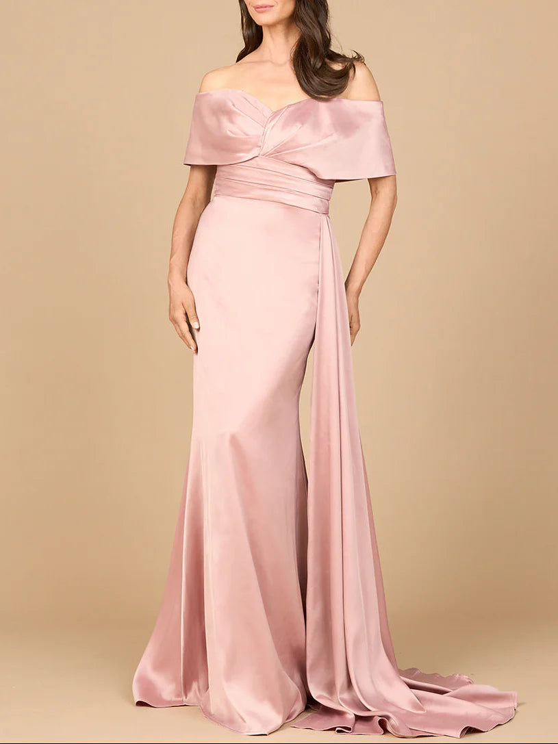 Off-The-Shoulder Fold Sleeve Ruched Waist Side Drape Train Mermaid Satin Mother of Bride Dress