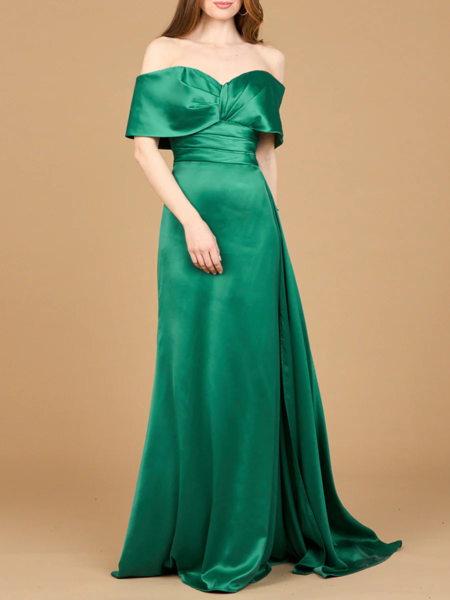 Off-The-Shoulder Fold Sleeve Ruched Waist Side Drape Train Mermaid Satin Mother of Bride Dress