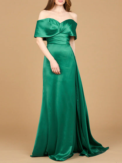 Off-The-Shoulder Fold Sleeve Ruched Waist Side Drape Train Mermaid Satin Mother of Bride Dress