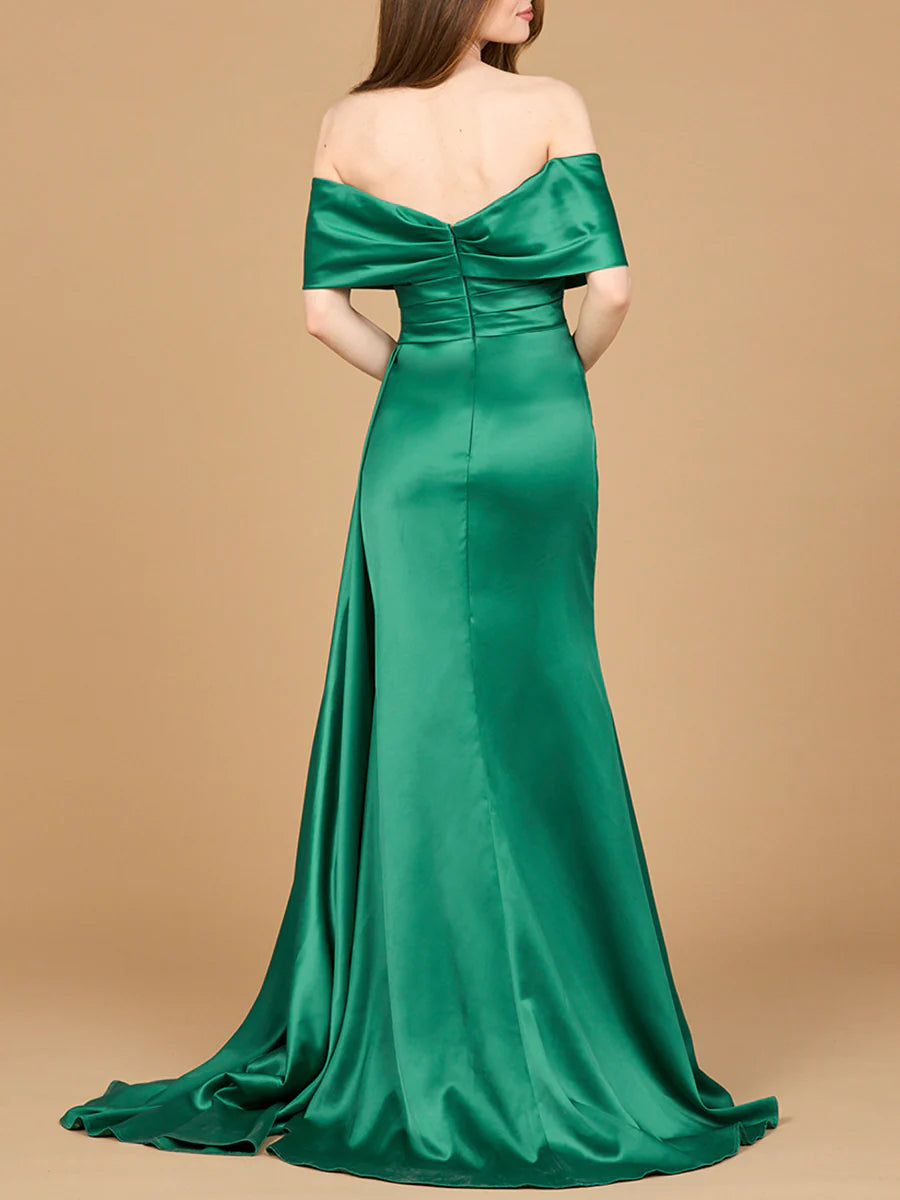 Off-The-Shoulder Fold Sleeve Ruched Waist Side Drape Train Mermaid Satin Mother of Bride Dress