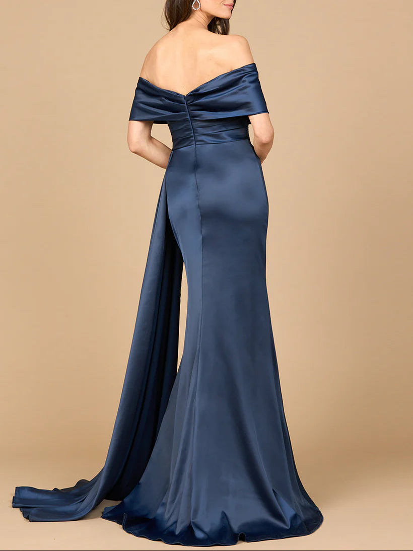 Off-The-Shoulder Fold Sleeve Ruched Waist Side Drape Train Mermaid Satin Mother of Bride Dress