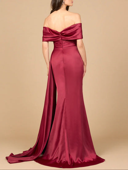 Off-The-Shoulder Fold Sleeve Ruched Waist Side Drape Train Mermaid Satin Mother of Bride Dress