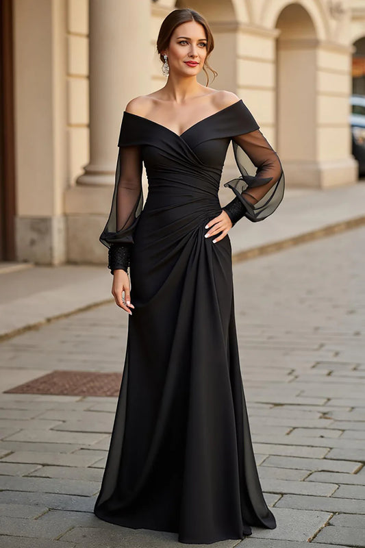 Off-shoulder crepe mermaid long-sleeve draped floor-length mother of the bride dresses