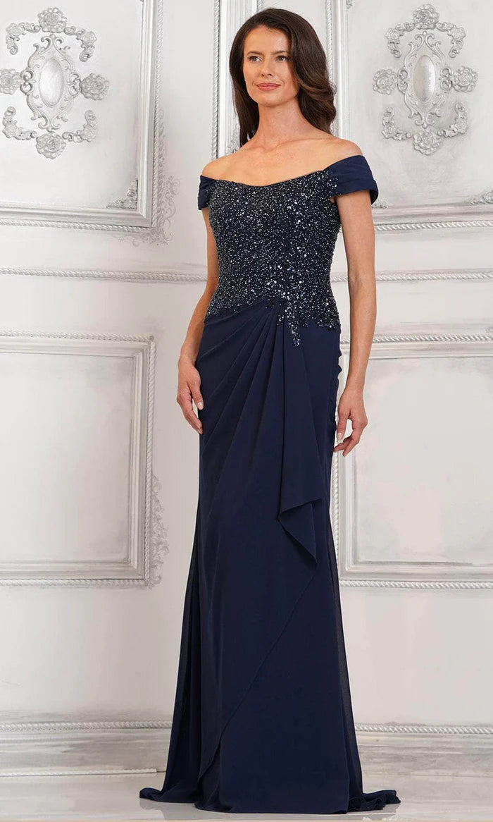 Off-the-Shoulder Beaded Bodice Draped Chiffon Floor Length Mermaid Mother of the Bride Dress