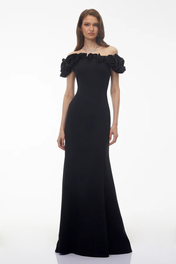 Off-the-Shoulder Crepe Mermaid Floor Length Evening Dress with Satin Ruffle Floral Neckline