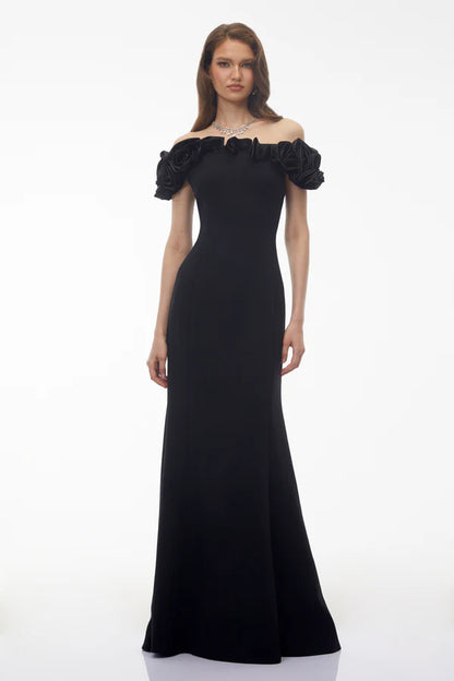 Off-the-Shoulder Crepe Mermaid Floor Length Evening Dress with Satin Ruffle Floral Neckline