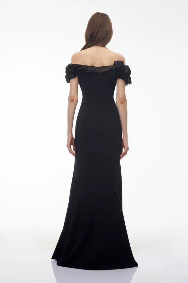 Off-the-Shoulder Crepe Mermaid Floor Length Evening Dress with Satin Ruffle Floral Neckline