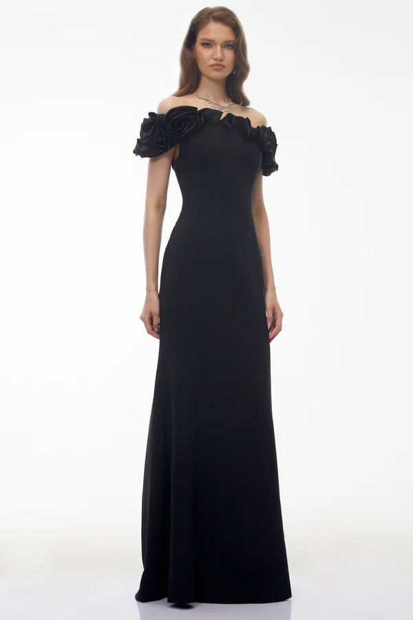 Off-the-Shoulder Crepe Mermaid Floor Length Evening Dress with Satin Ruffle Floral Neckline
