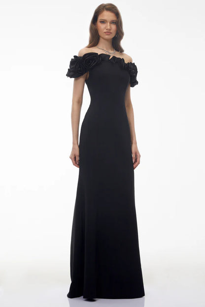 Off-the-Shoulder Crepe Mermaid Floor Length Evening Dress with Satin Ruffle Floral Neckline