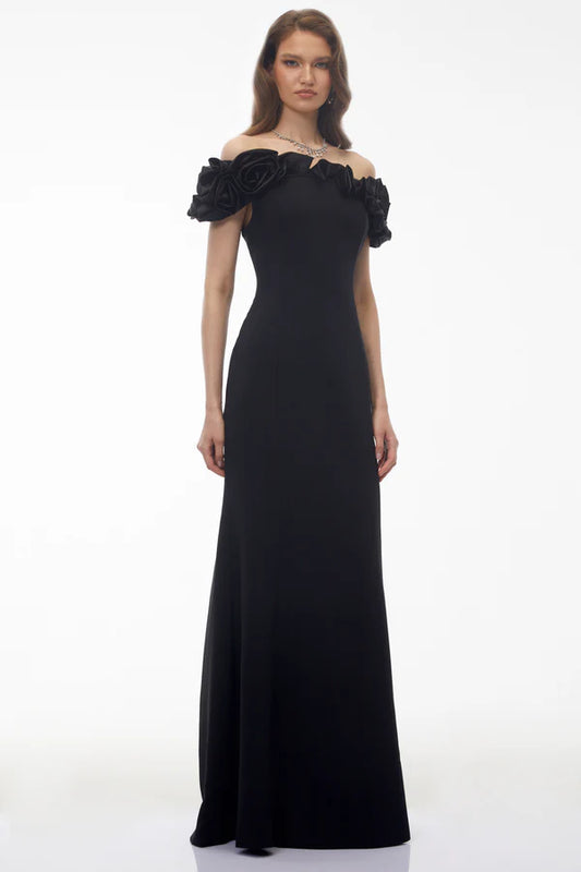 Off-the-Shoulder Crepe Mermaid Floor Length Evening Dress with Satin Ruffle Floral Neckline