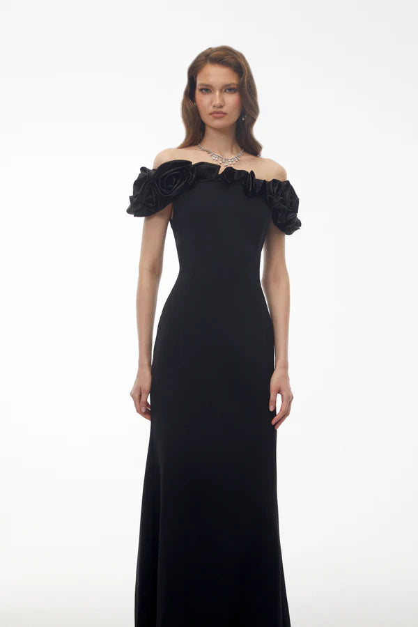 Off-the-Shoulder Crepe Mermaid Floor Length Evening Dress with Satin Ruffle Floral Neckline