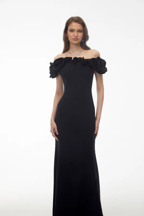 Off-the-Shoulder Crepe Mermaid Floor Length Evening Dress with Satin Ruffle Floral Neckline