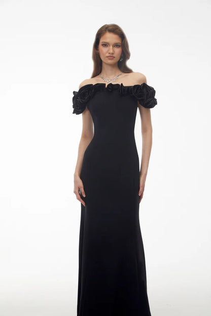 Off-the-Shoulder Crepe Mermaid Floor Length Evening Dress with Satin Ruffle Floral Neckline